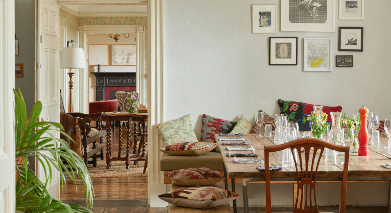 The dining room at Brownber Hall, set up for guests to gather around the table
